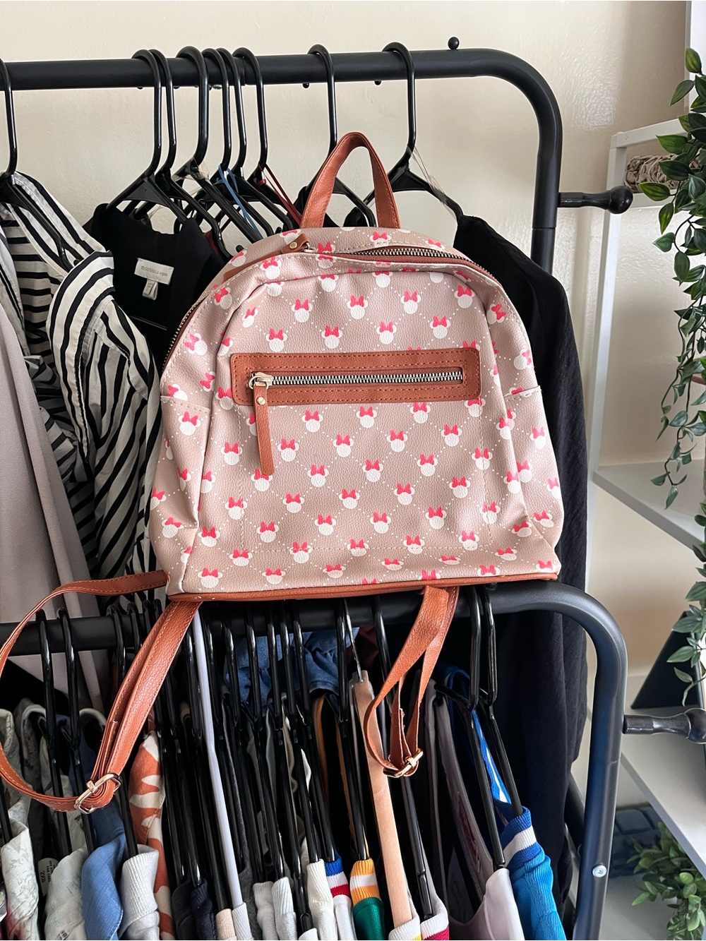 Disney Pink Patterned Faux-Leather Backpack with Brown Trim